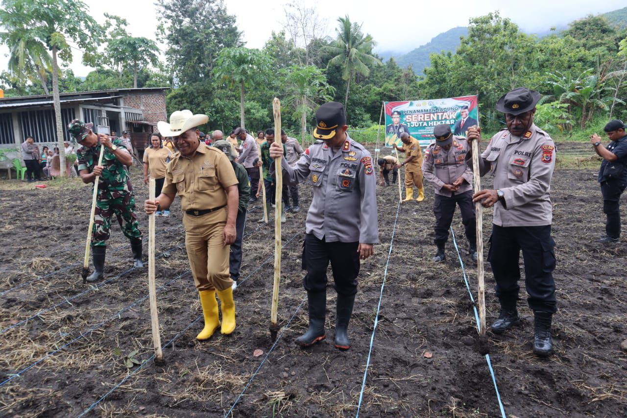 Kapolres Alor AKBP Supriadi Rahman, SIK, MM (tengah) didampingi salah satu pejabat utama di Polres setempat bersama Pj. Bupati Alor DR. Drs. Zet Sony LIbing, M.SI sedang menanam jagung. FOTO:DOK